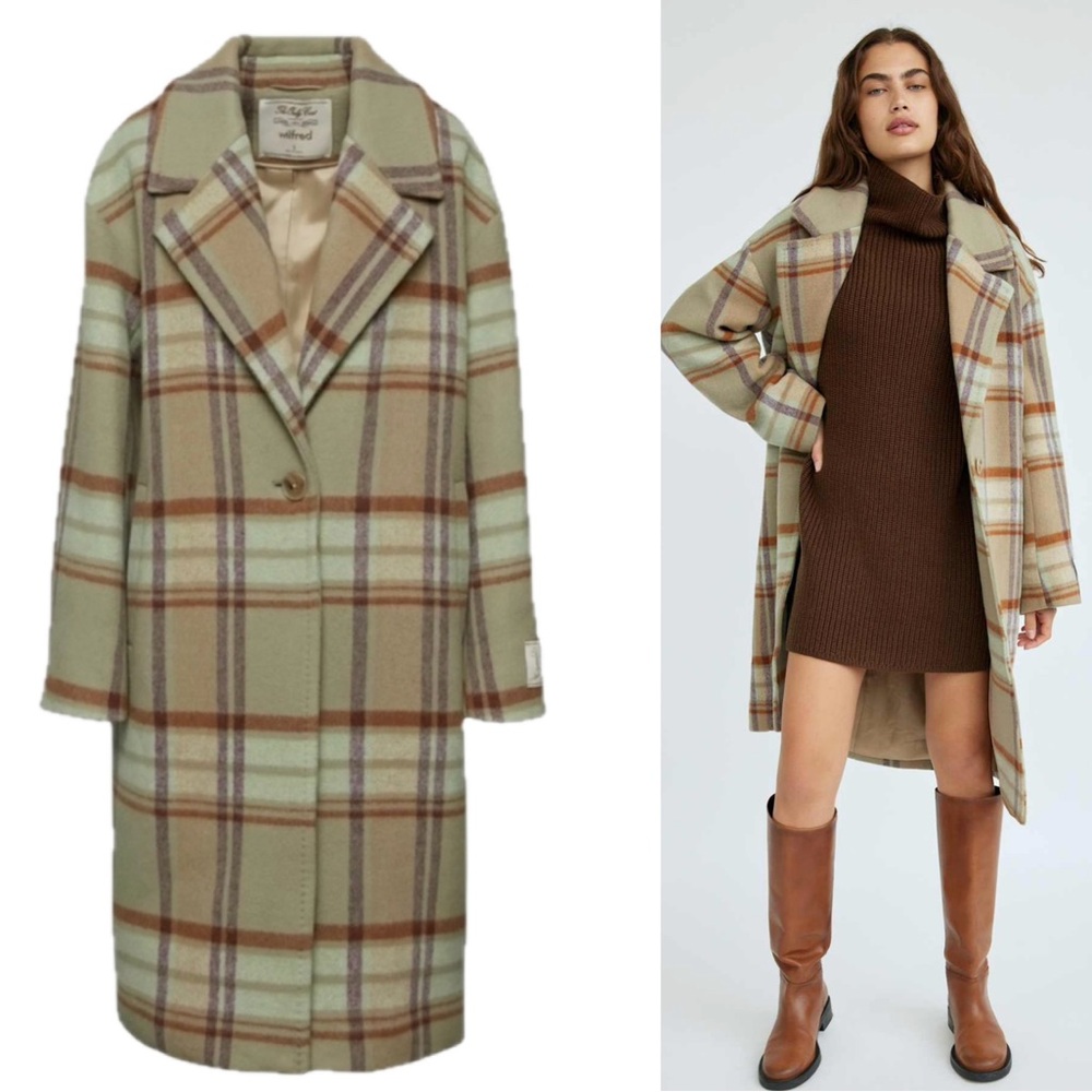 Aritzia Wilfred The Only Coat in sage green brown plaid cashmere wool Sz 8